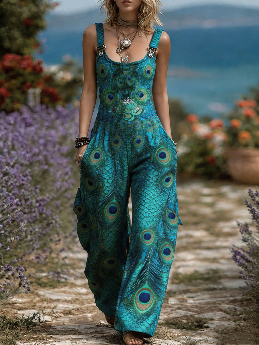 Women's Retro Style Art Print Washed Cotton Denim Patchwork Jumpsuit